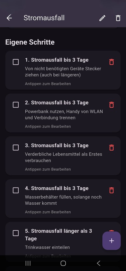 SurvivalPlan: Einkaufslistenansicht